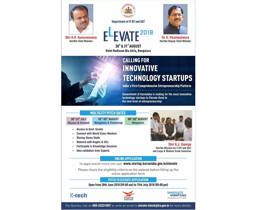 Calling for Innovative Technology Startups-ELEVATE 2018 by Govt of Karnataka