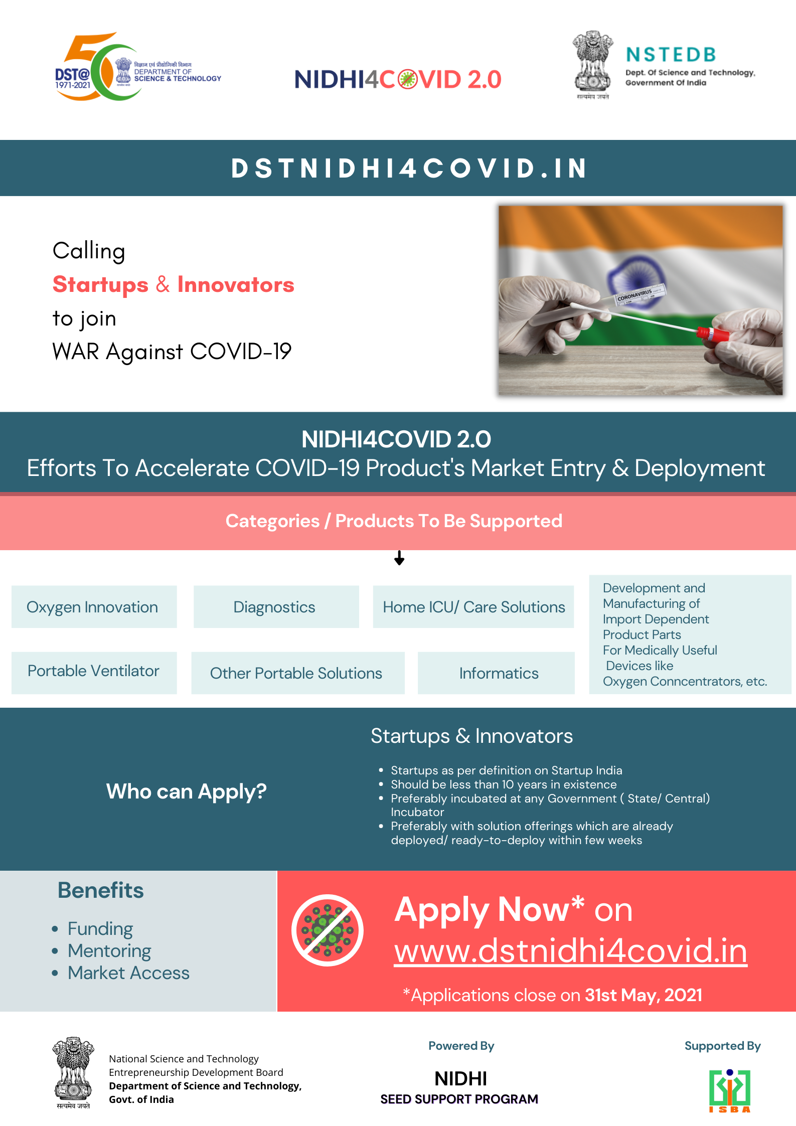 DST CALLING PROMISING STARTUPS TO BE THE PART OF NIDHI4COVID 2.0 INITIATIVE